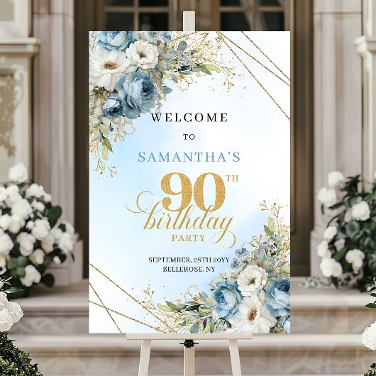 Lovely dusty blue watercolor florals 90th birthday ポスター