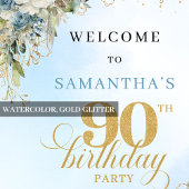 Lovely dusty blue watercolor florals 90th birthday ポスター