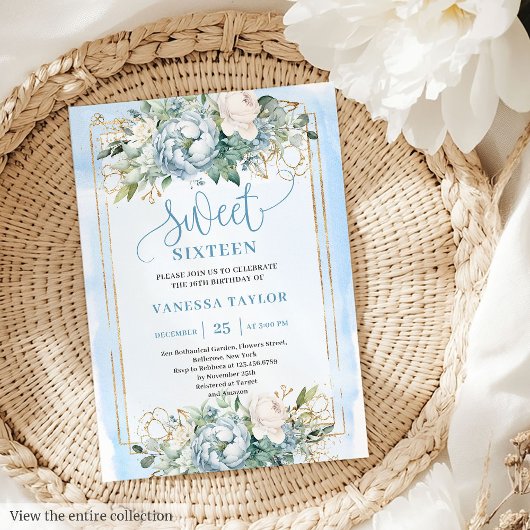 Lovely Dusty Blue White Peony Sweet 16 Invitation 招待状