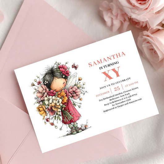 Lovely Fairy Girl 7th Birthday Pink Floral invite 招待状