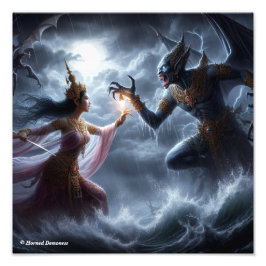 Lovely girl figthing a monster フォトプリント           