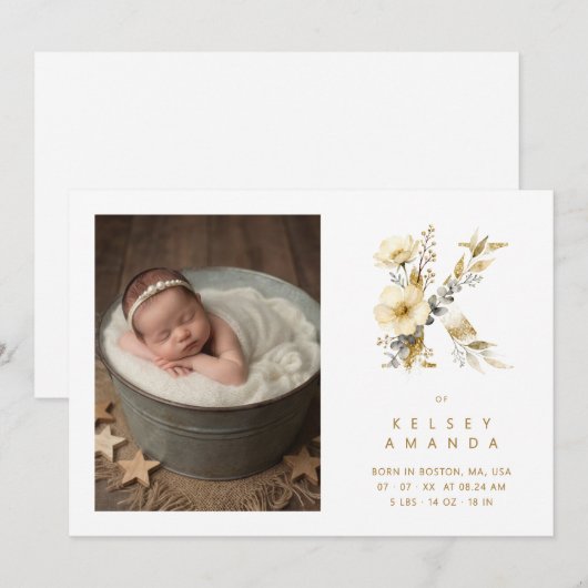 Lovely Gold K Initial with Romantic Floral Design (正面/裏面)