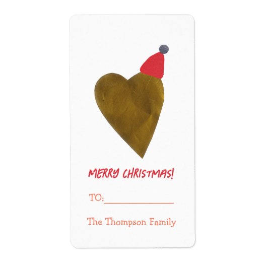 Lovely Golden Heart with Christmas Hat Gift ラベル (正面)