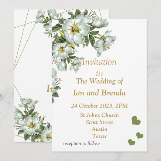 Lovely green and white wedding invitation card 招待状 (正面/裏面)