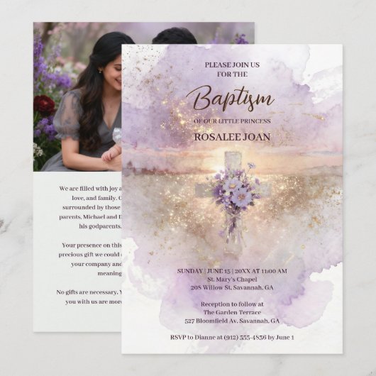 Lovely Lilac Christian Wildflowers Cross-Shape 招待状 (正面/裏面)