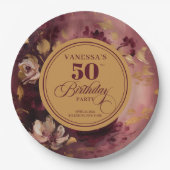 Lovely Maroon Blush Gold Floral 50th Birthday   ペーパープレート (正面)