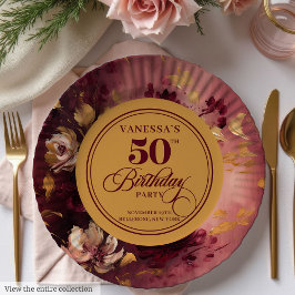 Lovely Maroon Blush Gold Floral 50th Birthday   ペーパープレート