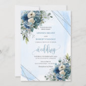 Lovely Navy Blue Silver White Roses Wedding Invite 招待状 (正面)
