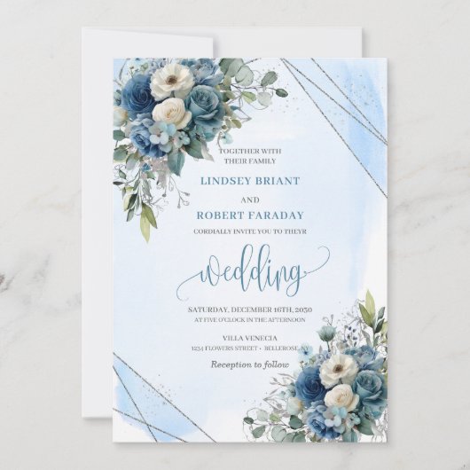 Lovely Navy Blue Silver White Roses Wedding Invite 招待状 (正面)