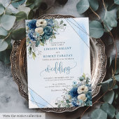 Lovely Navy Blue Silver White Roses Wedding Invite 招待状