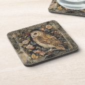 Lovely Owl in the Flowers Garden ,Gold Checkered コースター (左側)