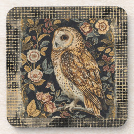 Lovely Owl in the Flowers Garden ,Gold Checkered コースター