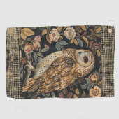 Lovely Owl in the Flowers Garden ,Gold Checkered , ゴルフタオル (横)