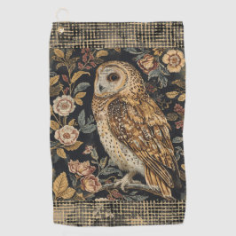 Lovely Owl in the Flowers Garden ,Gold Checkered , ゴルフタオル