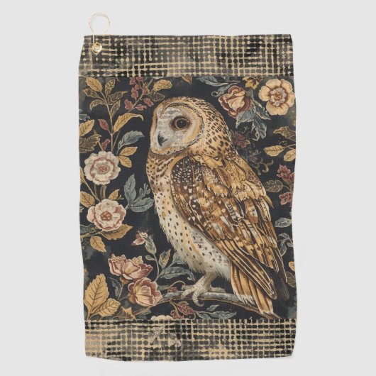 Lovely Owl in the Flowers Garden ,Gold Checkered , ゴルフタオル (正面)