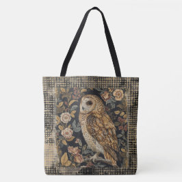 Lovely Owl in the Flowers Garden ,Gold Checkered トートバッグ