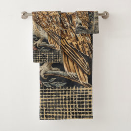 Lovely Owl in the Flowers Garden ,Gold Checkered , バスタオルセット