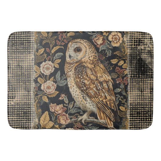 Lovely Owl in the Flowers Garden ,Gold Checkered , バスマット (正面)
