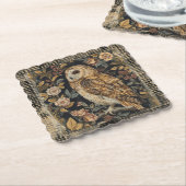 Lovely Owl in the Flowers Garden ,Gold Checkered ペーパーコースター (アングル)