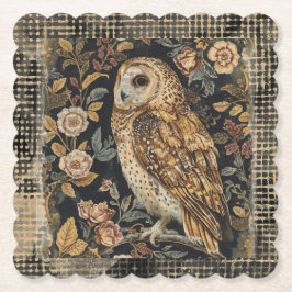 Lovely Owl in the Flowers Garden ,Gold Checkered ペーパーコースター