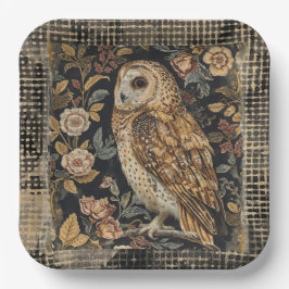 Lovely Owl in the Flowers Garden ,Gold Checkered ペーパープレート