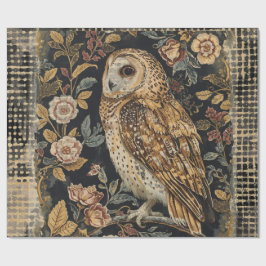 Lovely Owl in the Flowers Garden ,Gold Checkered  ラッピングペーパー