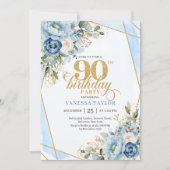 Lovely pale blue gold florals 90th birthday invite 招待状 (正面)