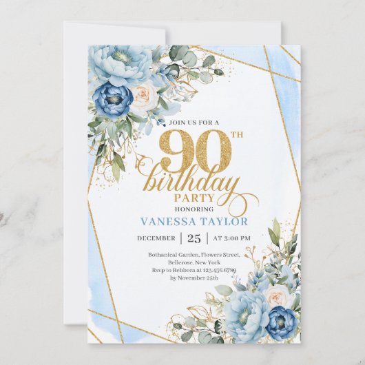 Lovely pale blue gold florals 90th birthday invite 招待状 (正面)