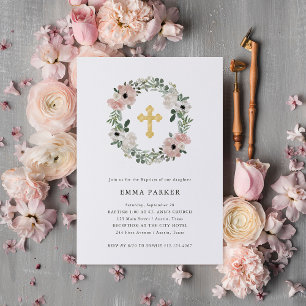 lovely peach floral wreath and cross Baptism 招待状