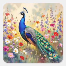 Lovely Peacock in Field of Flowers スクエアシール