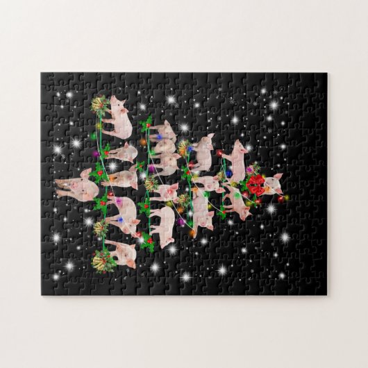 Lovely Pig Christmas Tree Covered By Flashlight ジグソーパズル (横)