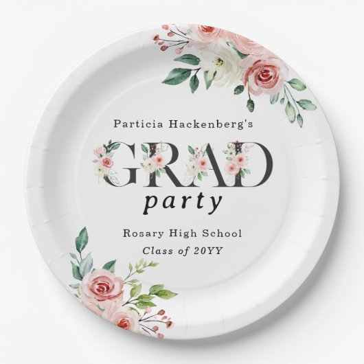 Lovely Pink Floral GRAD Custom Party Paper Plates ペーパープレート (正面)