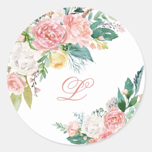 lovely pink peony monogram sticker ラウンドシール (正面)