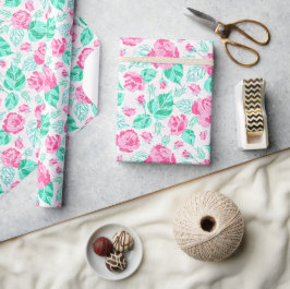 Lovely Pink Rose Floral Golden Bow Baby shower ラッピングペーパー
