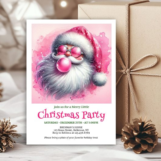 Lovely pink santa bubble gum watercolor Christmas 招待状