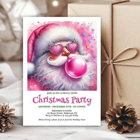 Lovely pink santa chewing gum watercolor invite 招待状