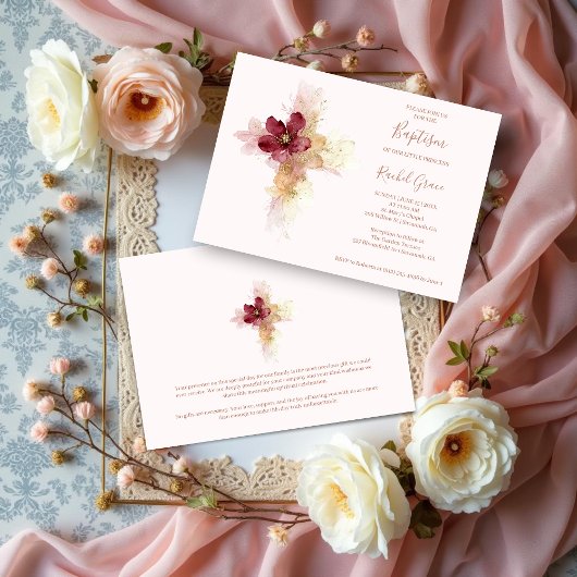 Lovely Pink Shades Floral Cross-Shape Baptism 招待状