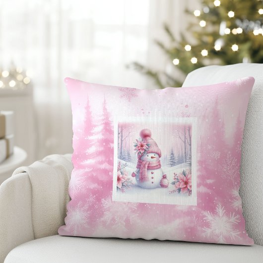 Lovely Pink Snowman Christmas Scene Kids Pillow クッション
