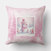 Lovely Pink Snowman Christmas Scene Kids Pillow クッション (正面)