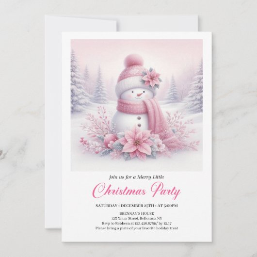 Lovely Pink Snowman Editable Christmas Kids Invite 招待状 (正面)