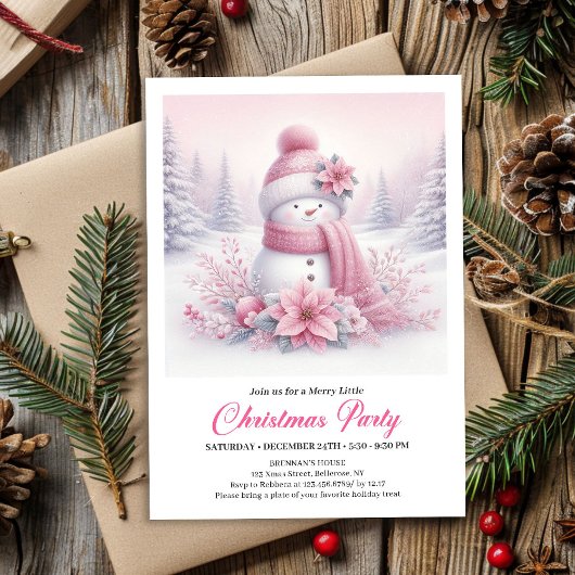 Lovely Pink Snowman Editable Christmas Kids Invite 招待状