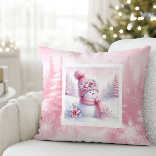 Lovely Pink Snowman Pillow Soft Winter Scene クッション