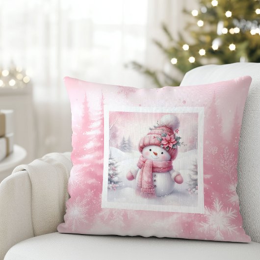 Lovely Pink Snowman Pillow Soft Winter Scene クッション