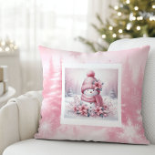 Lovely Pink Snowman Pillow Soft Winter Scene クッション