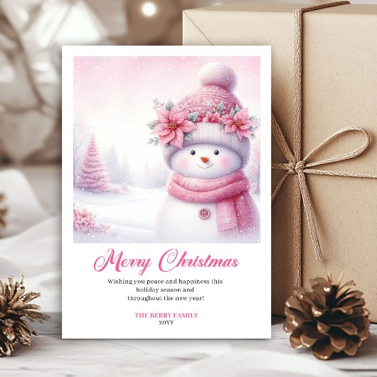 Lovely Pink Snowman Printable Christmas Scene Card シーズンカード