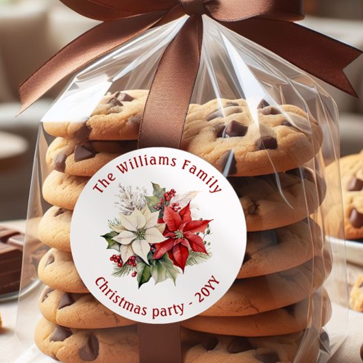 Lovely Poinsettia Floral Family Christmas Party  ラウンドシール