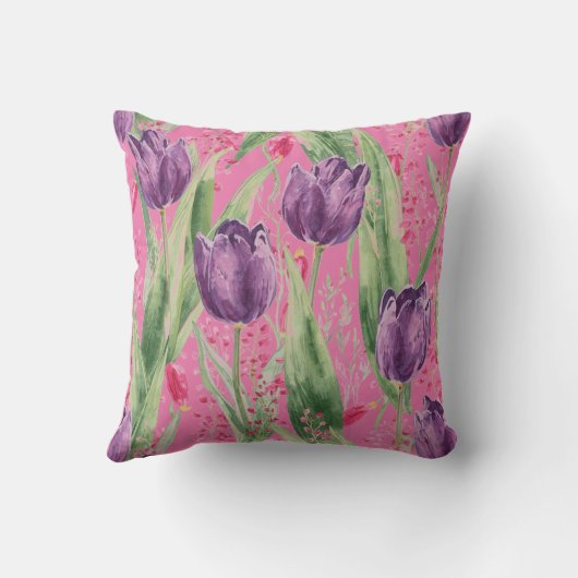 Lovely, Purple,Shocking Pink Tulip Flowers Pattern クッション (裏面)