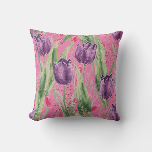 Lovely, Purple,Shocking Pink Tulip Flowers Pattern クッション (正面)
