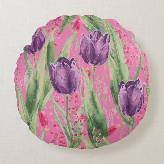 Lovely, Purple,Shocking Pink Tulip Flowers Pattern ラウンドクッション (正面)