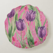 Lovely, Purple,Shocking Pink Tulip Flowers Pattern ラウンドクッション (裏面)